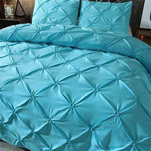 Feelyou King Duvet Cover Set Pinch Pleated Bedding Sets Aqua Blue Microfiber Polyester Pintuck Tufted Comforter Cover with 2 Pillow Shams Luxury Solid Geometric, 3 Pieces Feelyou