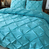Feelyou King Duvet Cover Set Pinch Pleated Bedding Sets Aqua Blue Microfiber Polyester Pintuck Tufted Comforter Cover with 2 Pillow Shams Luxury Solid Geometric, 3 Pieces Feelyou