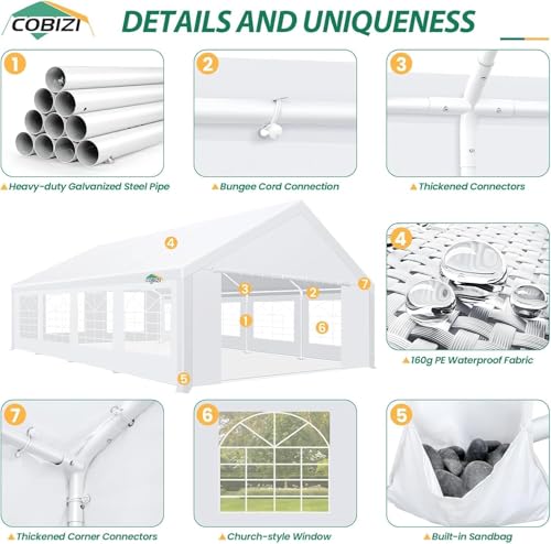 COBIZI 20x30 Party Tent Heavy Duty Waterproof Outdoor Gazebo White Event Shelter Wedding Canopy for Parties BBQ Commercial with Removable Sidewall Windows, Powder Coating (Better Than Galvanized) COBIZI
