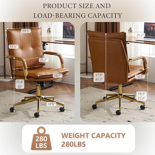 MOJAY Office Chair, Leather Desk Chair, Brown Desk Chair, Mid Century Modern Office Chair, Swivel Comfy Upholstered Executive Desk Chair with Gold Legs and Armrests for Home, Office (Camel&Golden) MOJAY
