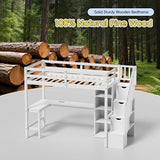 Xilingol Twin Loft Bed with Stairs and Desk, Solid Wooden Loft Bed, Heavy Duty Loft Bed with L-Shape Desk, LED Light Strips, Charging Station, Storage Cabinets, Extra-High Guardrails for Kids, Teens Xilingol