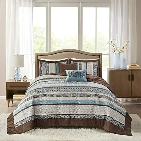 Madison Park Princeton Reversible Quilted Bedspread Set, Solid Reverse Summer Breathable, Lightweight All Season Bedding Layer, Matching Shams, Bedspread King(120"x118"), Blue 5 Piece Madison Park