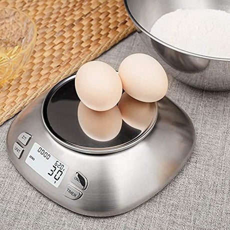 Digital Kitchen Scale with Removable Bowl 2.5L Volume, Electronic Stainless Steel Food Scale for Cooking Baking, Room Temperature, Alarm Timer, 12lb 5.5kg, Batteries Included FOLIND