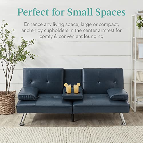 Best Choice Products Faux Leather Upholstered Modern Convertible Futon, Adjustable Folding Sofa Bed, Guest Bed w/Removable Armrests - Blue Best Choice Products