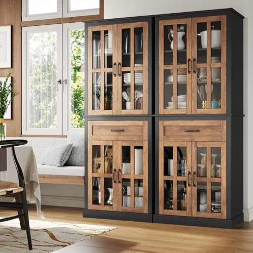 FOTOSOK 71'' Kitchen Pantry Cabinet, Tall Kitchen Cabinet Pantry Cabinet with Glass Doors and Drawer, Freestanding Food Pantry Kitchen Hunch with Adjustable Shelves for Dining Living Room, Na - WoodArtSupply