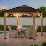 Sunjoy Hardtop Gazebo 9 x 9 ft. Cedar Framed Wood Gazebo with Brown Steel & Polycarbonate Pyramid Hip Roof and Ceiling Hook for Garden, Backyard Sunjoy