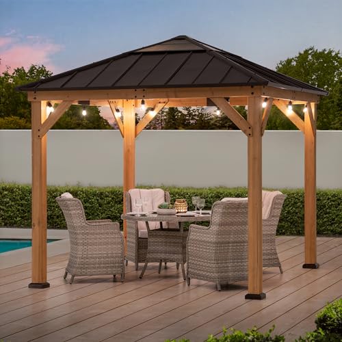 Sunjoy Hardtop Gazebo 9 x 9 ft. Cedar Framed Wood Gazebo with Brown Steel & Polycarbonate Pyramid Hip Roof and Ceiling Hook for Garden, Backyard - WoodArtSupply