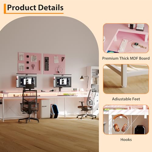 FinerFurnis U-Shaped Gaming Desk with Power Outlets & LED Lights - Reversible L-Shaped Computer Desk for Home Office | Large Corner PC Table with Monitor Stand & Storage Shelves, Pink FinerFurnis