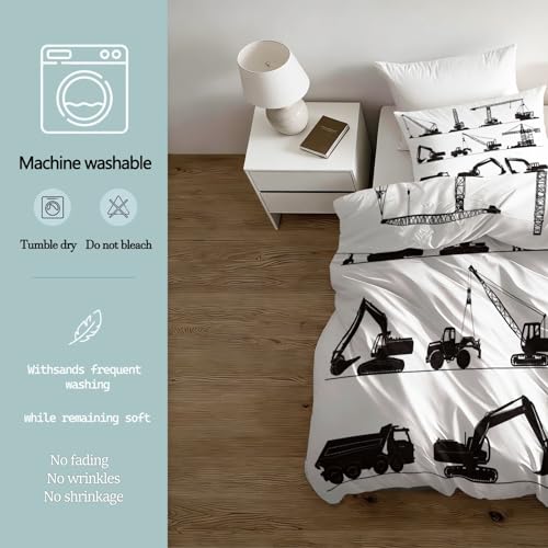 Single 61" x 79" Bedding Duvet Cover Set - White and Black Modern Construction Vehicle Minimalist Printed 3 Piece Brushed Microfiber Comforter Quilt Cover with Zipper Closure for Men and Women Generic