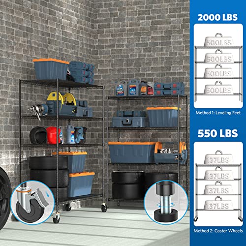 Raynesys Wire Shelving with 4" Wheels, 2000Lbs Heavy Duty 4-Tier Shelving Metal Shelves, 60x24x72in Steel Wire Storage Shelf Commercial Grade Adjustable Utility Rack for Garage, Kitchen Raynesys