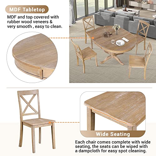 Voohek Dining Set for 4, with Wooden Extendable Round Table and Kitchen Chairs, 5-Piece Family Farmhouse Furniture, for Dinette, Breakfast Nook, Living Room, Natural Wood Wash - WoodArtSupply