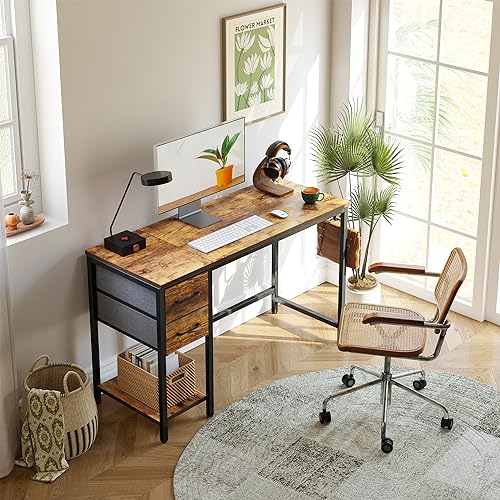 CubiCubi Computer Desk with 2 Drawers, 47 Inch Small Home Office Desk with Storage Study Writing Table, Rustic Brown CubiCubi