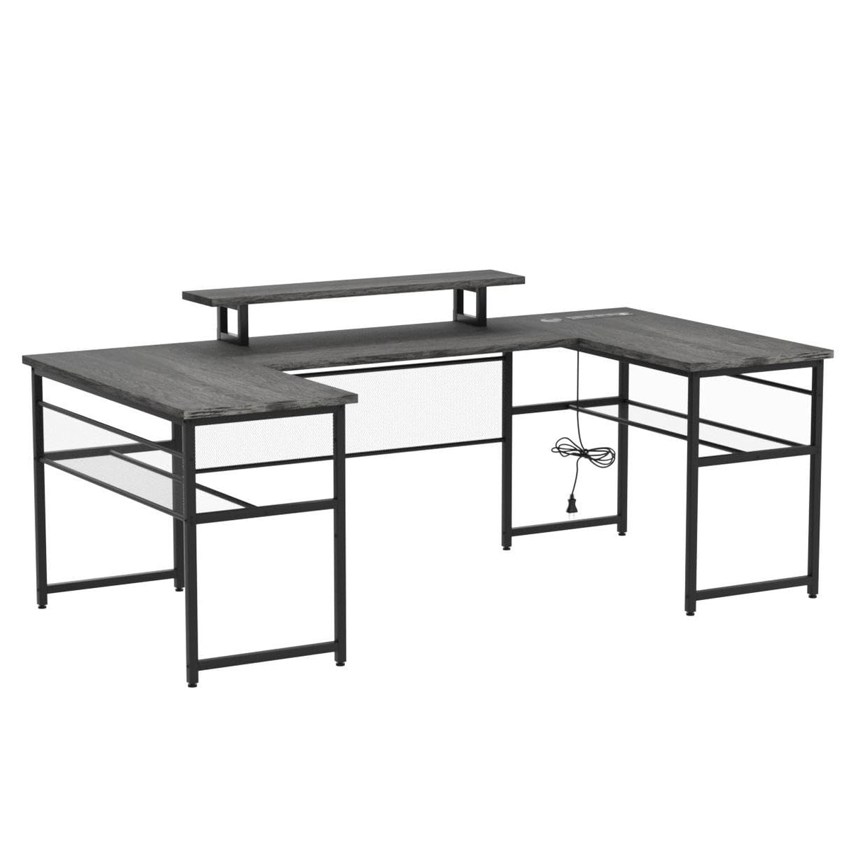 Unikito 130 Inch Versatile U Shaped Office Desk with Smart LED Lighting and Integrated Power Outlet, Stylish Black Oak Unikito