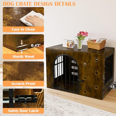 Coolsheepsia Dog Crate Furniture for Small Medium Dogs, Heavy Duty Wood Metal Indoor Dog Kennel with Bowls, Decorative Pet Cage Dog House as TV Stand, Brown Coolsheepsia