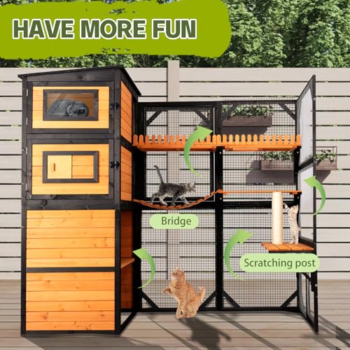 Nicedday Catio Outdoor Cat Enclosures, Large 4 Tiers Wood Cat House, Cat Enclosure Connect to Window with Weatherproof Roof, 4 Platforms, Scratching Pole & Bridge nicedday