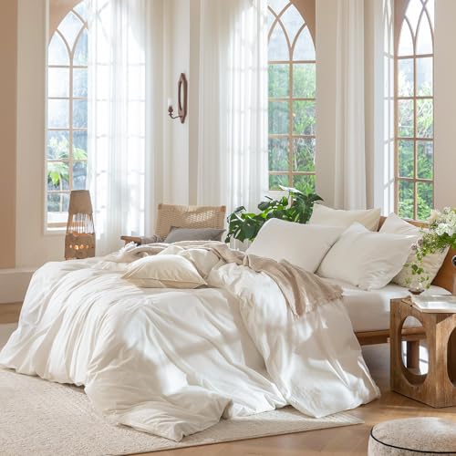 MooMee Bedding Duvet Cover Set 100% Washed Cotton Linen Like Textured Breathable Durable Soft Comfy (Solid Off White, Queen 90"x90") MooMee