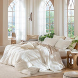 MooMee Bedding Duvet Cover Set 100% Washed Cotton Linen Like Textured Breathable Durable Soft Comfy (Solid Off White, Queen 90"x90") MooMee