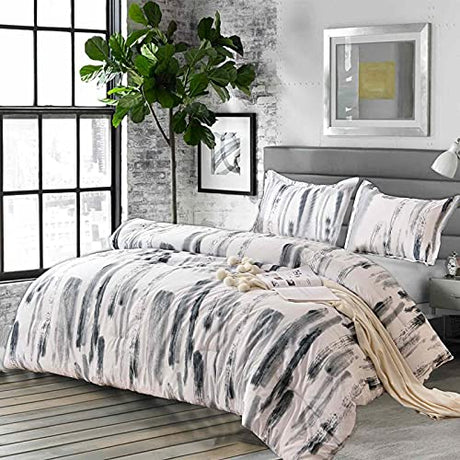 Nanko King Comforter Set 3pc, Art Grey White Printed Pattern Reversible Down Alternative Microfiber Bedding - All Season Duvet and 2 Pillowcases Bed Sets Modern for Women Men, Size 104 x 90 Gray Nanko