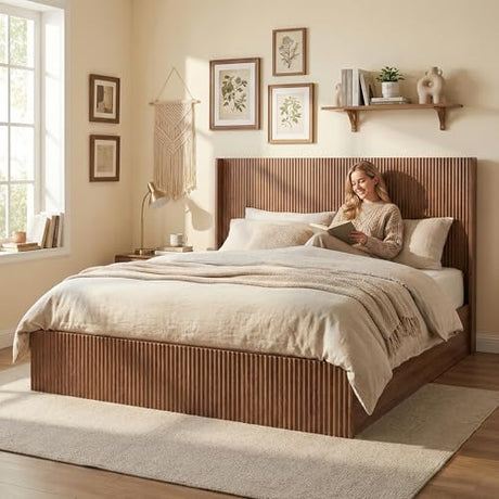 MoproBeti Lift Up Storage Bed King, Mid Century Hydraulic Lift King Storage Bed with Raised Wingback Headboard, Space Saving Storage, Heavy Duty Steel & Wood Slats,No Box Spring Needed,Natural MoproBeti