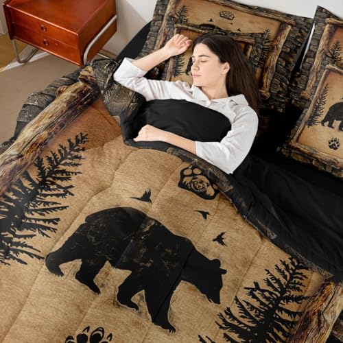 Feelyou Kids Rustic Bear 7 Piece Bedding Set King Size Farmhouse Forest Animal Black Bear Comforter Set with Sheets Boys Girls Hunting Country Brown Bed in a Bag Feelyou