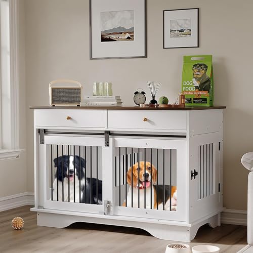Dog Crate Furniture for 2 Dogs, 47" Double Dog Kennel with Removable Divider and 2 Drawers, Decorative TV Stand Side Table, Indoor Pet Cage for Large/Medium/Small Dogs White GAOMON