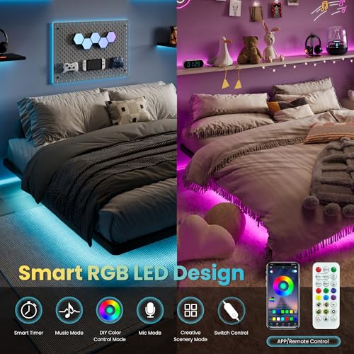 SHA CERLIN Floating Bed Frame King Size with Smart LED Lights and Charging Station, Heavy Duty Metal Platform Bed with Modern Design,No Box Spring Needed, Easy Assembly, Matte Black SHA CERLIN