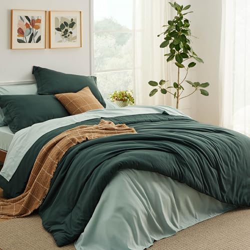 Bedsure Twin Comforter Set - 5 Pieces Forest Green Twin Bedding Set for All Seasons, Boho Contrasting Design Bed in a Bag with Comforter, Sheets, Pillowcase & Sham Bedsure