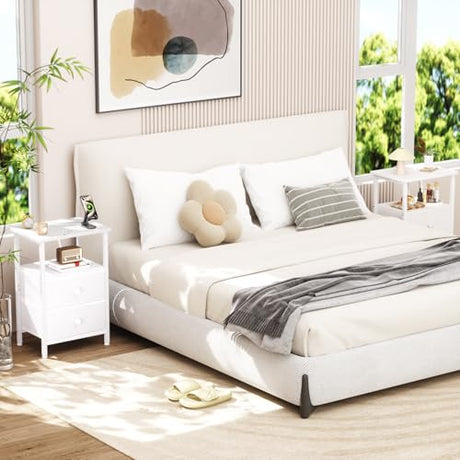 LOAKEKEL White Nightstand with Charging Station, End Table with 2 Fabric Drawers, Night Stand for Bedroom, Small Bed Side Table with USB Ports and Outlets for Living Room, HETS020WT-1 LOAKEKEL