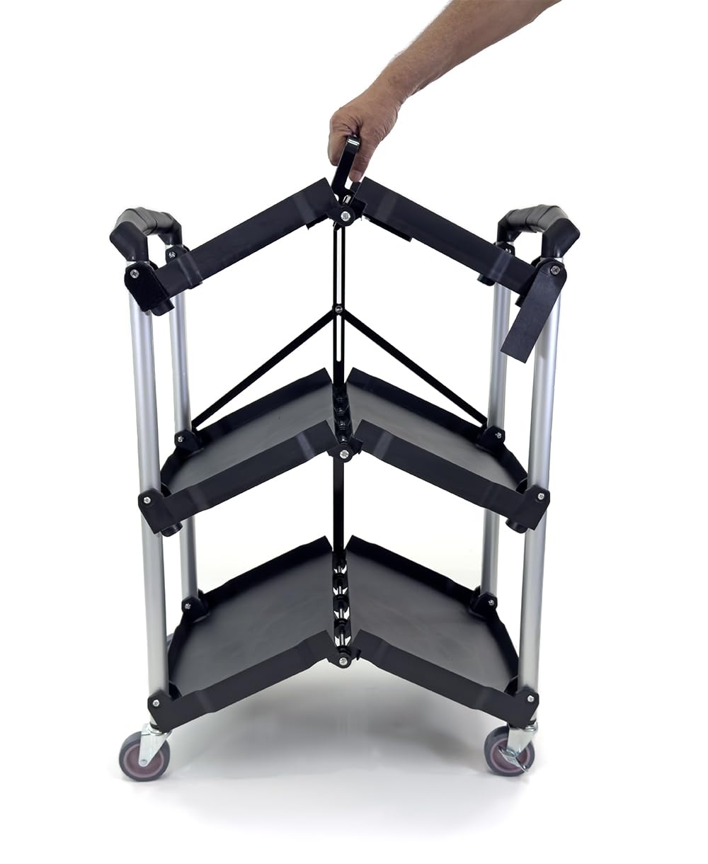 Portable Folding Service Cart | Heavy-Duty Utility Service Cart | 3 Tier 330LBS Capacity | Rolling Cart Utility Cart Foldable Cart | Black. Farag Janitorial