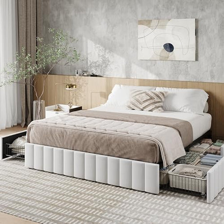 Allewie Queen Size Platform Bed Frame with 4 Large Storage Drawers, Velvet Vertical Channel Tufted Upholstered Bed Base, Wooden Slats Support, Noise-Free, No Box Spring Needed, Easy Assembly, White Allewie