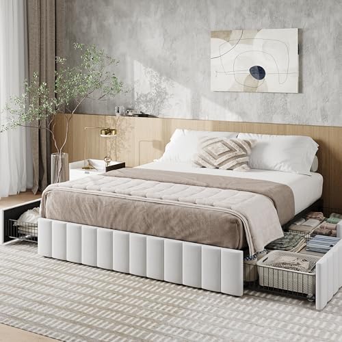 Allewie Full Size Platform Bed Frame with 4 Large Storage Drawers, Velvet Vertical Channel Tufted Upholstered Bed Base, Wooden Slats Support, Noise-Free, No Box Spring Needed, Easy Assembly, White Allewie