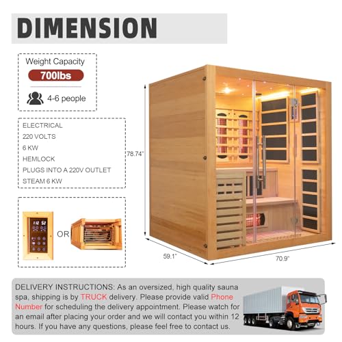 amocane Infrared & Steam Dual-System Sauna Room for 4-6 Person, Wood Hybrid Home Sauna with Heater, Indoor Traditional Saunas Spa with Heaters & Sauna Stove, Speaker, Oxygen Bar, Bucket amocane