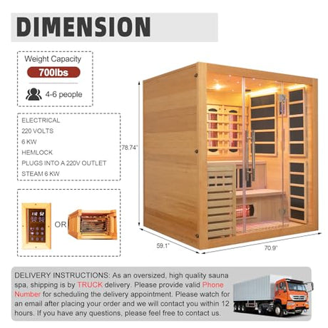 amocane Infrared & Steam Dual-System Sauna Room for 4-6 Person, Wood Hybrid Home Sauna with Heater, Indoor Traditional Saunas Spa with Heaters & Sauna Stove, Speaker, Oxygen Bar, Bucket amocane
