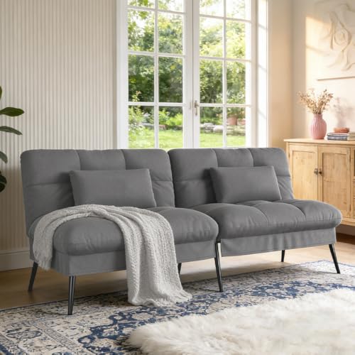 COMHOMA 72″Futon Sofa Bed,Modern Convertible Sleeper Sofa, Fabric Futon Couch with Multi-Position Backrest for Living Room Furniture (Gray) COMHOMA