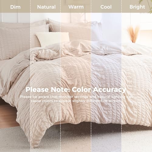HYMOKEGE Beige Full Size Comforter Sets Seersucker 7 Pieces, All Season Luxury Bed in a Bag for Bedroom, Bedding Set with Comforters, Sheets, Pillowcases & Shams HYMOKEGE