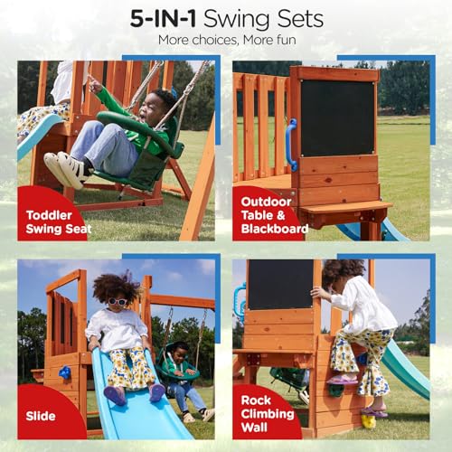 Dolphin Playground 5 in 1 Multifunction Toddler Swing Sets for Backyard, Outdoor Playset with Baby Swing, Outdoor Table, Blackboard, Slide, and Rock Climbing Wall,Toddler Swing Sets Ages 18mo - WoodArtSupply