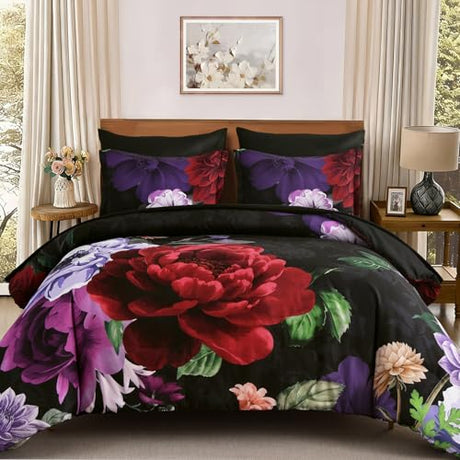 WONGS BEDDING Black Comforter Set King Size, 7 Pieces Floral Bed in a Bag Set, Luxury Red Flower Bedding Set, Soft Microfiber for All Season with Pillowcases & Shams,Sheets(90"×104") WONGS BEDDING