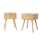 FUQARHY Rattan Nightstand Set of 2, Boho Side Table with Drawer, Mid Century Modern, End Table with Wood Legs for Bedroom, Dorm and Small Spaces FUQARHY