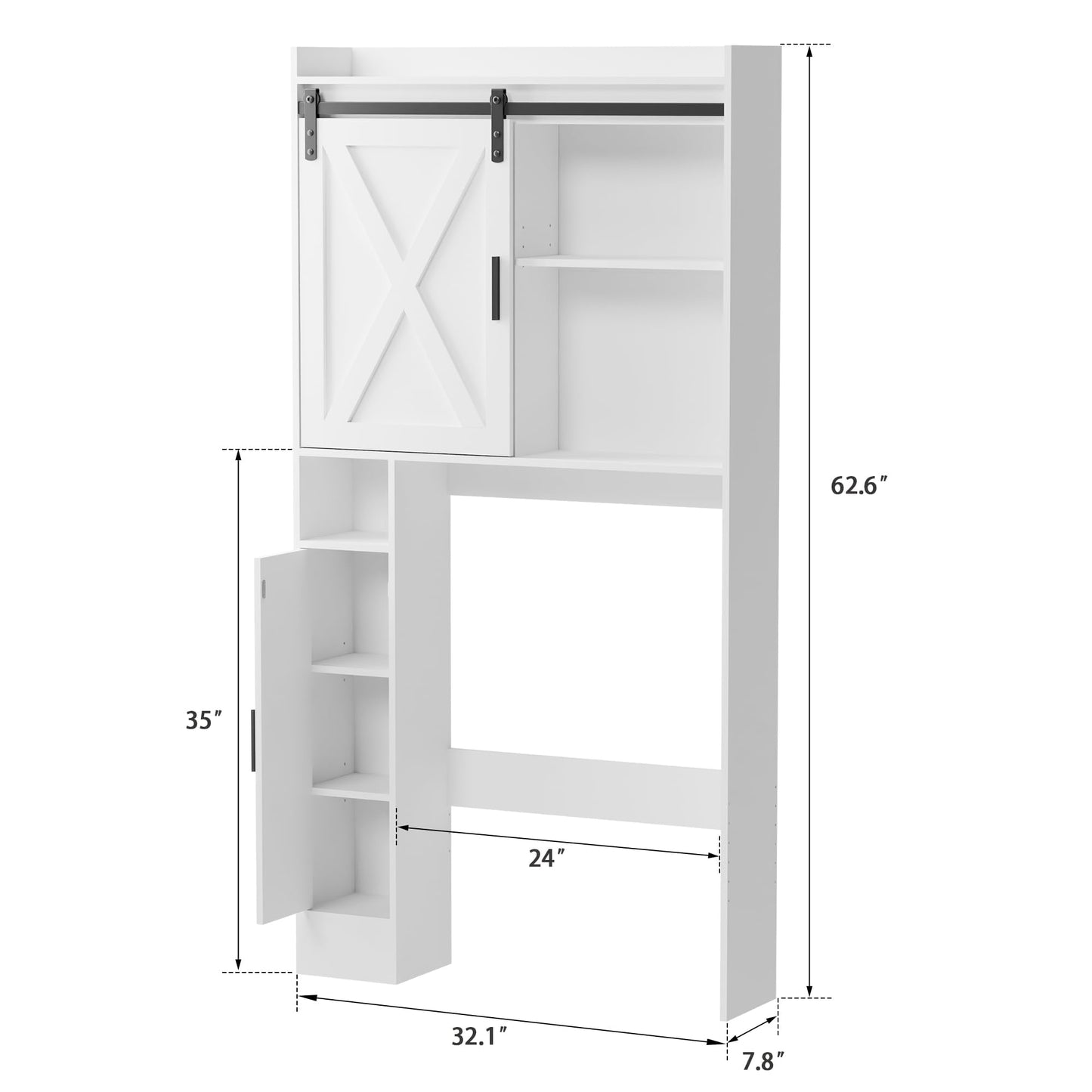 MU Over The Toilet Storage Cabinet with Sliding Barn Door, Freestanding Bathroom Over Toilet Storage with Side Shelves, Behind Toilet Storage Cabinet, White