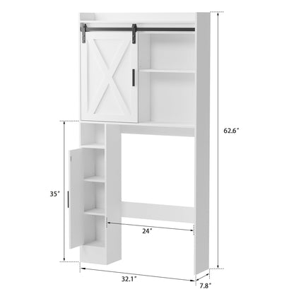 MU Over The Toilet Storage Cabinet with Sliding Barn Door, Freestanding Bathroom Over Toilet Storage with Side Shelves, Behind Toilet Storage Cabinet, White