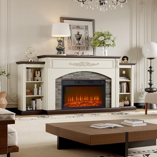 78" Electric Fireplace with Mantel, Fireplace TV Stand for TVs Up to 90 Inch, Entertainment Center with 30inch Fire Place Insert ＆ Realistic Stacked Stone Surround for Living Room BLANKSPACE