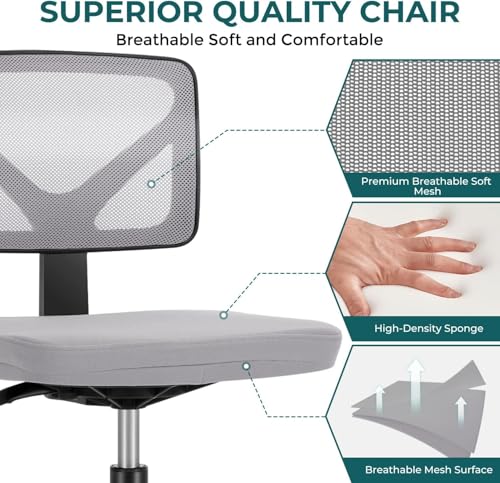 DUMOS Small Office Chairs with Wheels, Ergonomic Adjustable Home Desk Swivel Rolling Task Chair No Arms, Comfy Mesh Mid Back Computer Work Vanity Desk Chairs for Small Spaces, Dark Grey DUMOS