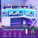 SEDETA Corner Computer Desk, Convertible 94.5" Gaming Desk with Storage Drawers, Hutch and Pegboard, L Shaped Office Desk with Power Outlet, LED Lights for Home Office, White SEDETA