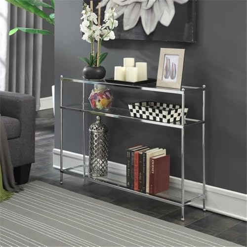 Pemberly Row Modern 3-Tier Console Table, Clear Glass Shelves and Sturdy Chrome Frame, 30" H x 42" W x 9.5" D, Contemporary Style for Living Room Storage and Display Pemberly Row
