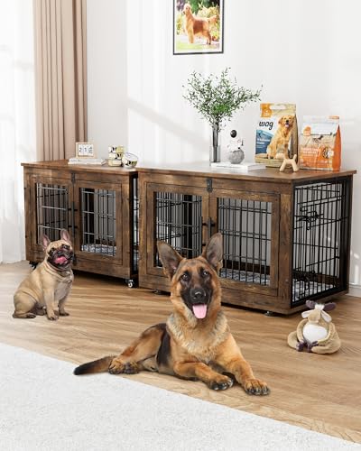 YaFiti Dog Crate Furniture with Cushion, Wooden Dog Kennel Indoor with Double Doors, Dog Cage with Wheels, Dog House Side End Table for Small Medium Dogs up to 45 lb, 32.5” L, Rustic Brown - WoodArtSupply