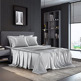 AiMay 4 Piece Twin Size Satin Bedding Sheet Pillowcase Sets Deep Pocket Silky Super Soft Solid Color 1 Flat Sheet 1 Fitted Sheet 2 Envelope Style Pillowcases Sexy Honeymoon (Twin, Silver/Light Grey) AiMay