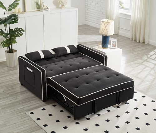 STBIGSLEP 3 in 1 Convertible Sleeper Sofa Bed, Small Couch for Living Room Bedroom with Pullout Bed Adjustable Backrest,Velvet,Loveseat Sofa Bed,Futon Couches (Black) STBIGSLEP