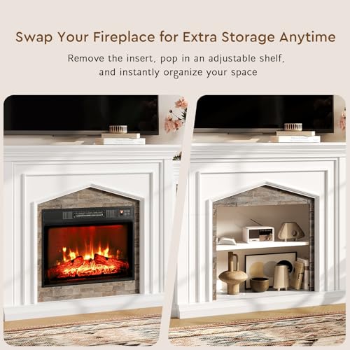 LGHM 80" Fireplace TV Stand for TVs Up to 90 Inch, Electric Fireplace with Mantel, Modern Entertainment Center with Storage, Realistic Stacked Stone Surround and 3D Flame Effect for Living Room LGHM