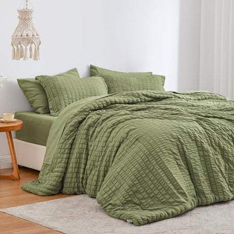 Love's cabin Seersucker Sage Green Twin Comforter Set, 5-Piece All Season Lightweight Bed in a Bag Bedding Set with Comforter, Flat Sheet, Fitted Sheet, Pillowcase and Sham Love's cabin