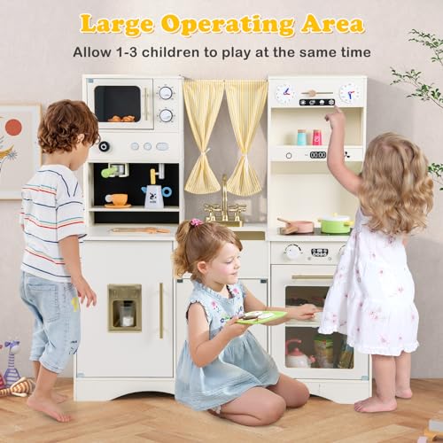 INFANS Kids Kitchen Playset, Cooking Toy Kitchen Set with Coffee Machine Stove Removable Sink Microwave Storage Cabinet, Simulation Wooden Play Kitchen for Toddler Boys Girls (Cream White) - WoodArtSupply